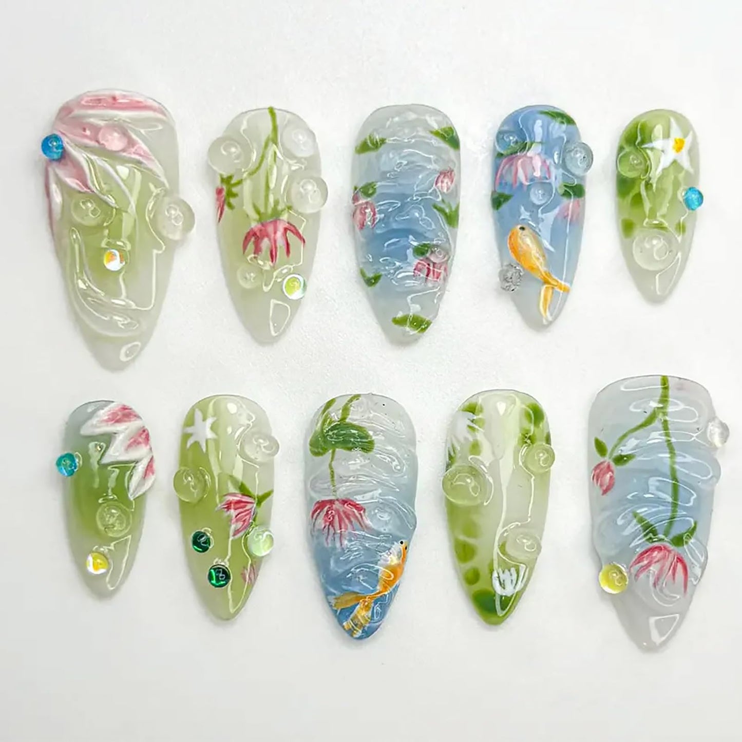 NEWSPIED Medium Almond Press on Nails Spring Summer Fake Nails with 3D Floral Koi Fish Lotus Designs Glossy Blue Green False Nails Cute Full Cover Artificial Acrylic Nails for Women DIY 24Pcs