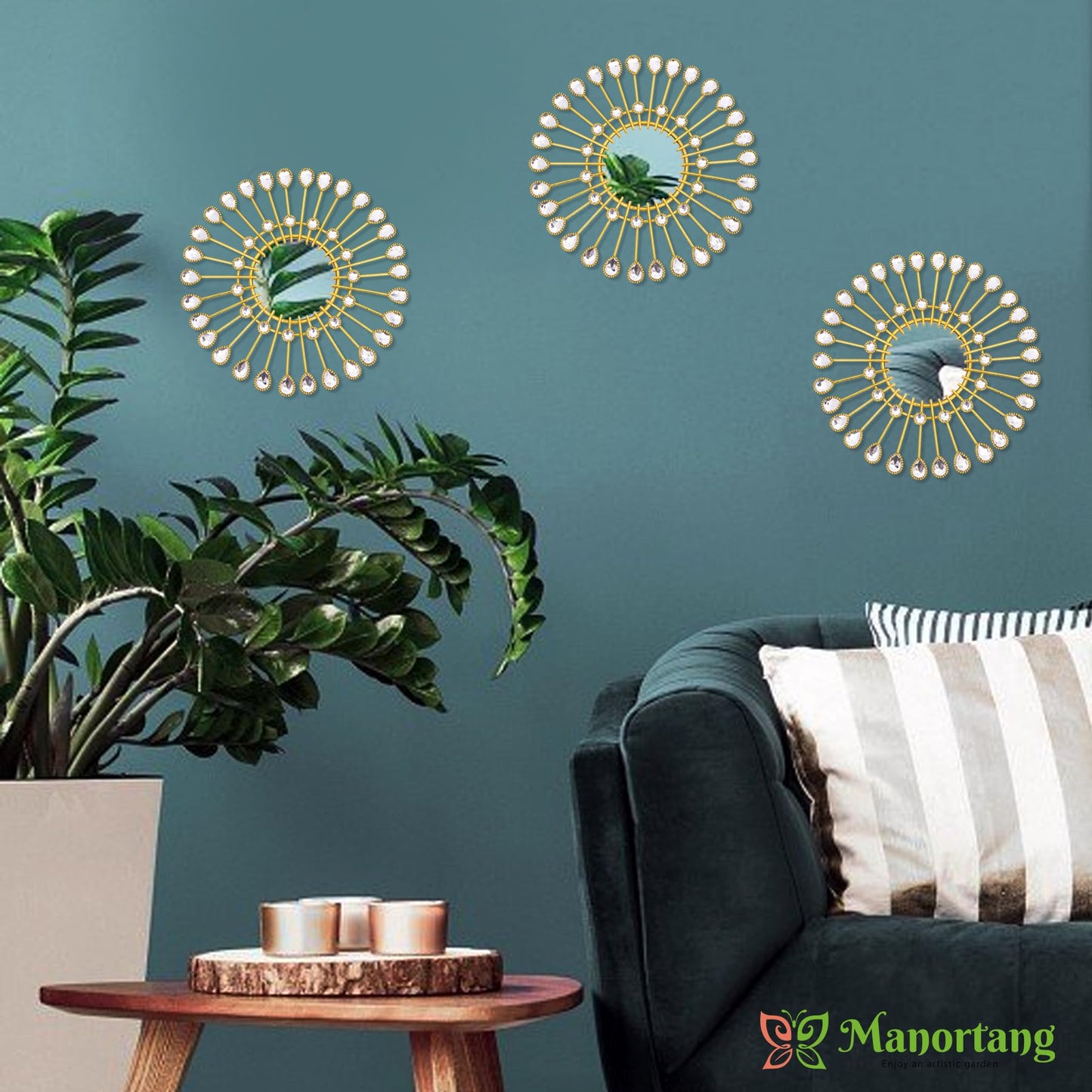 Manortang Gold Mirrors - Sunburst Valentine Wall Art, Decorative Round Mirrors for Valentine Bedroom, Living Room, Bathroom, Kitchen, Entryway, Hallway - Set of 3