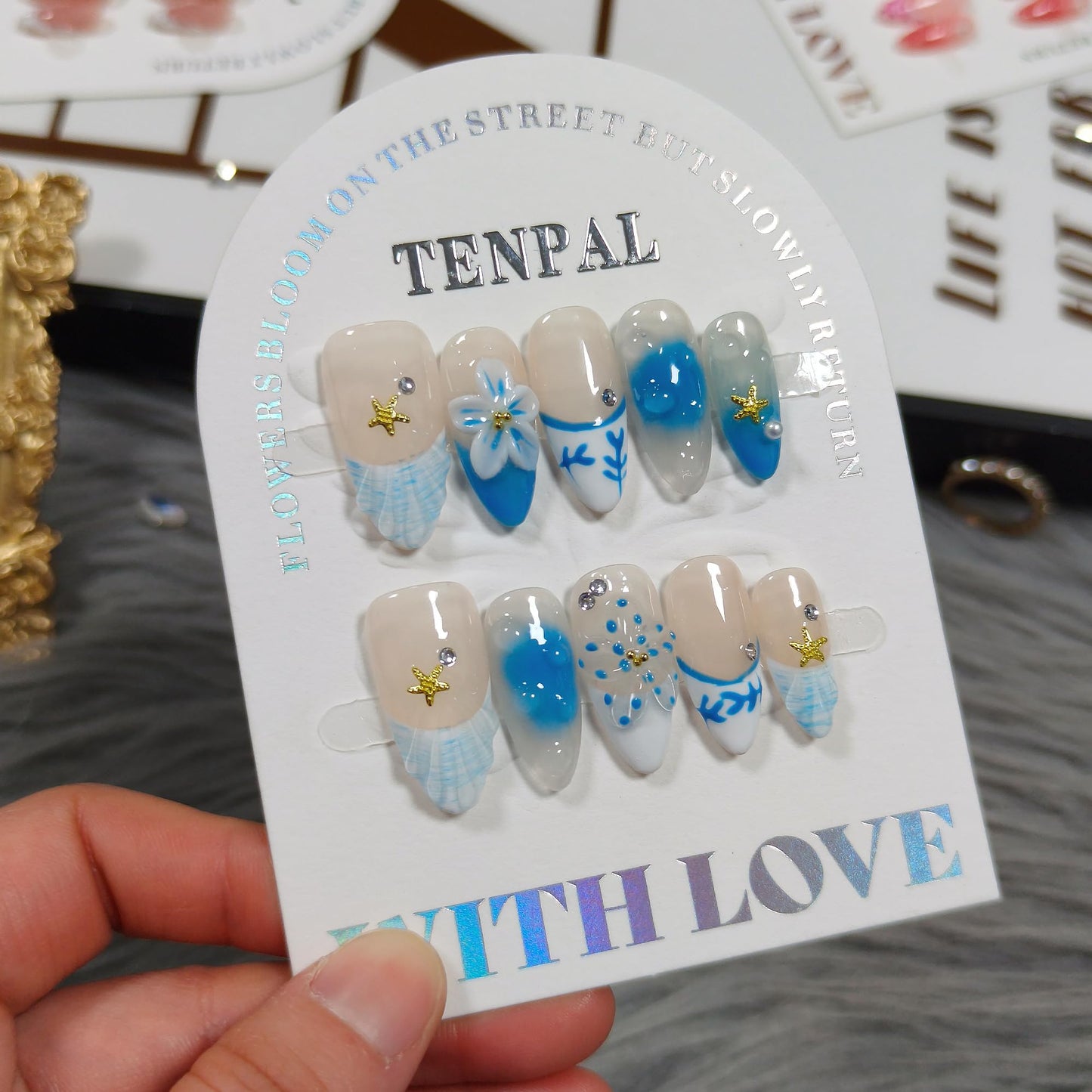 TENPAL Blue French Tips Press on Nails Almond with Shell & Hand Painted, Reusable Icy Glossy False Nails for Summer Beach Vacation | Coastal Watercolor Style(XS)