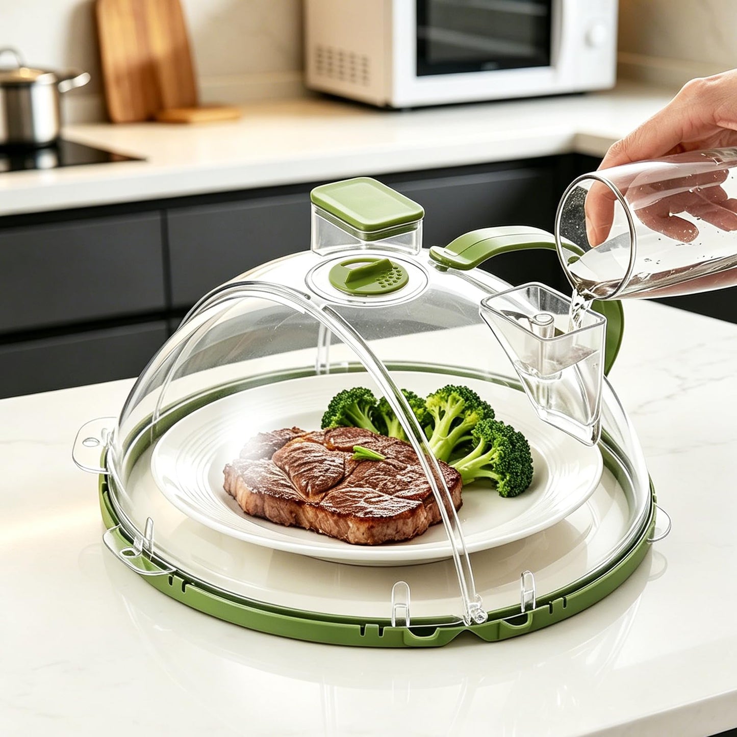 UFORU Upgraded Foldable Microwave Splatter Cover with Water Steamer,10 Inch Microwave Cover for Food,Clear Plastic Plate Cover with Handle,Space-Saving Splatter Guard for Microwave