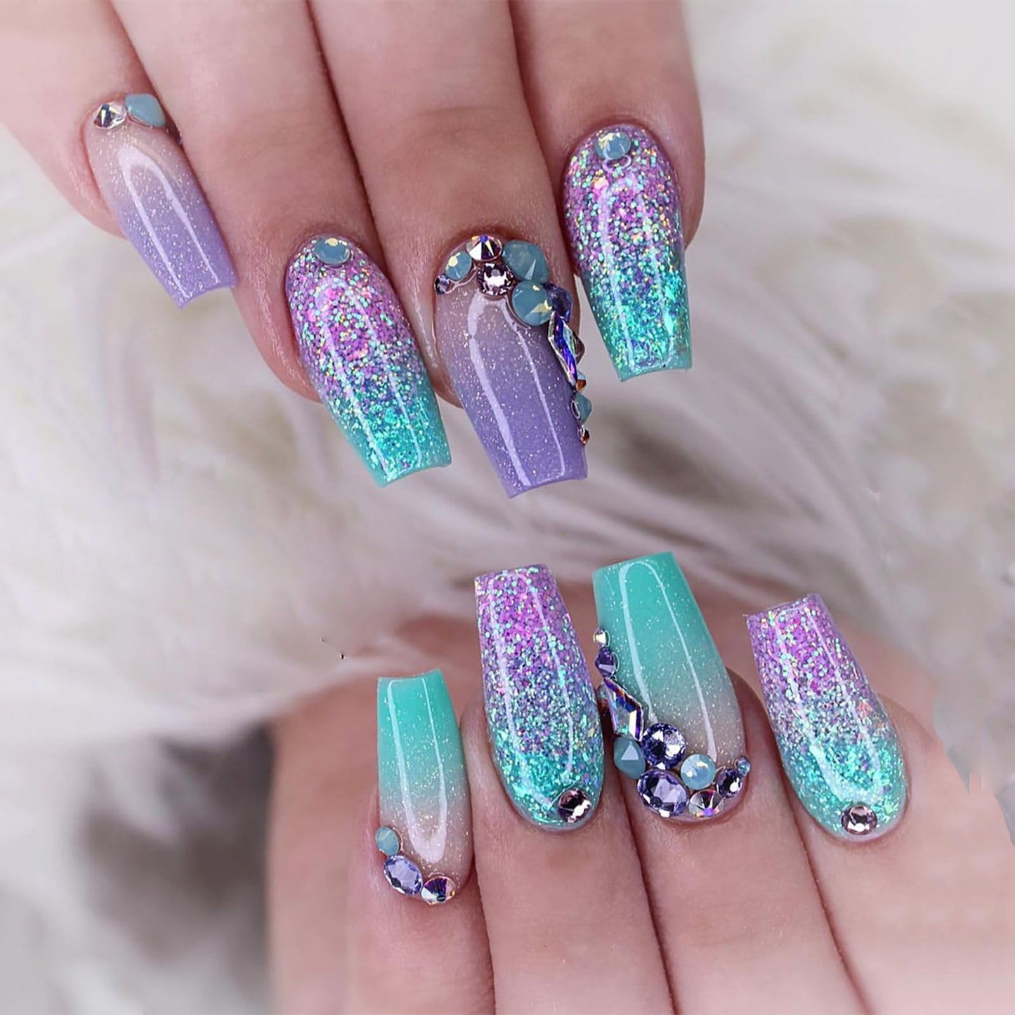 Press on Nails Medium Coffin SWEKKE Fake Nails Mermaid Full Cover Gradient False Nails with Designs Rhinestones Glitter Glossy Glue on Nails Manicure Artificial Acrylic Nails for Women Girls 24Pcs