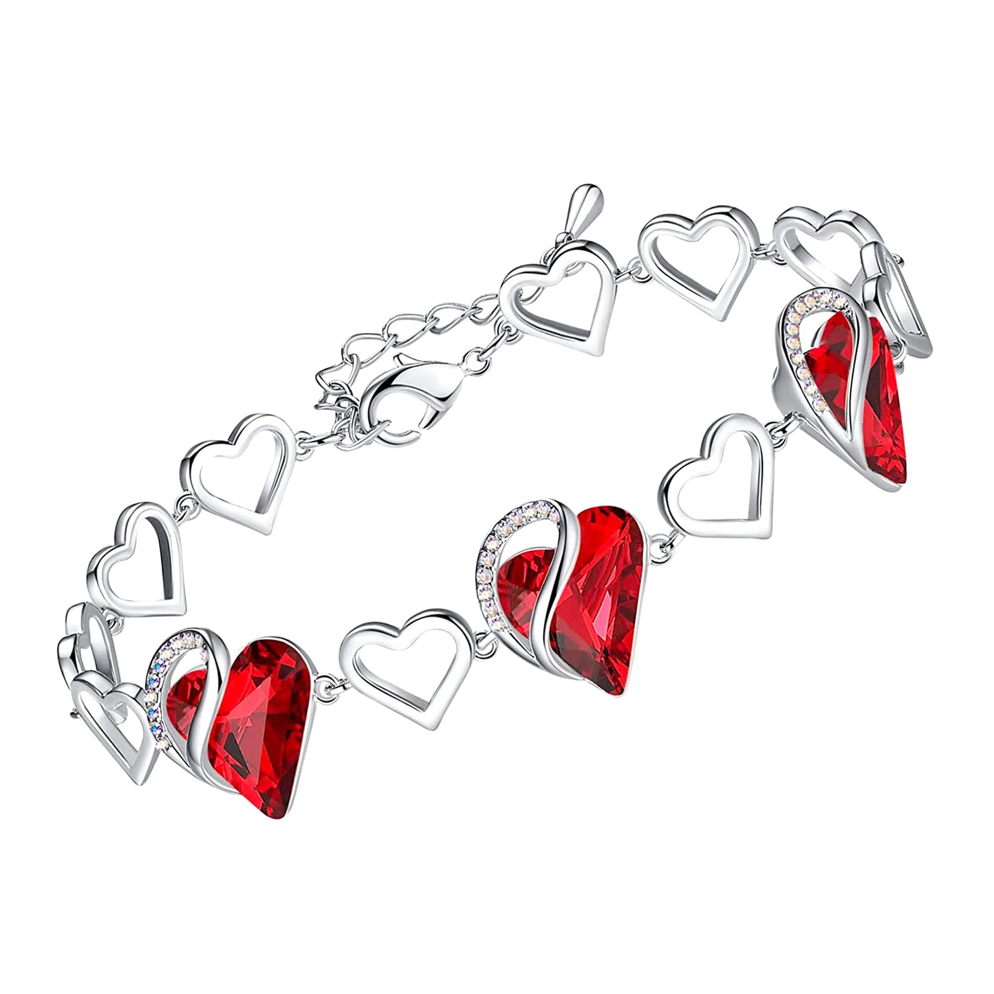 Leafael Infinity Love Heart Gift Bracelet for Women, January & July Birthstone Crystal, Siam Ruby Red, Silver Tone, 7-inch Chain and 2-inch Extender
