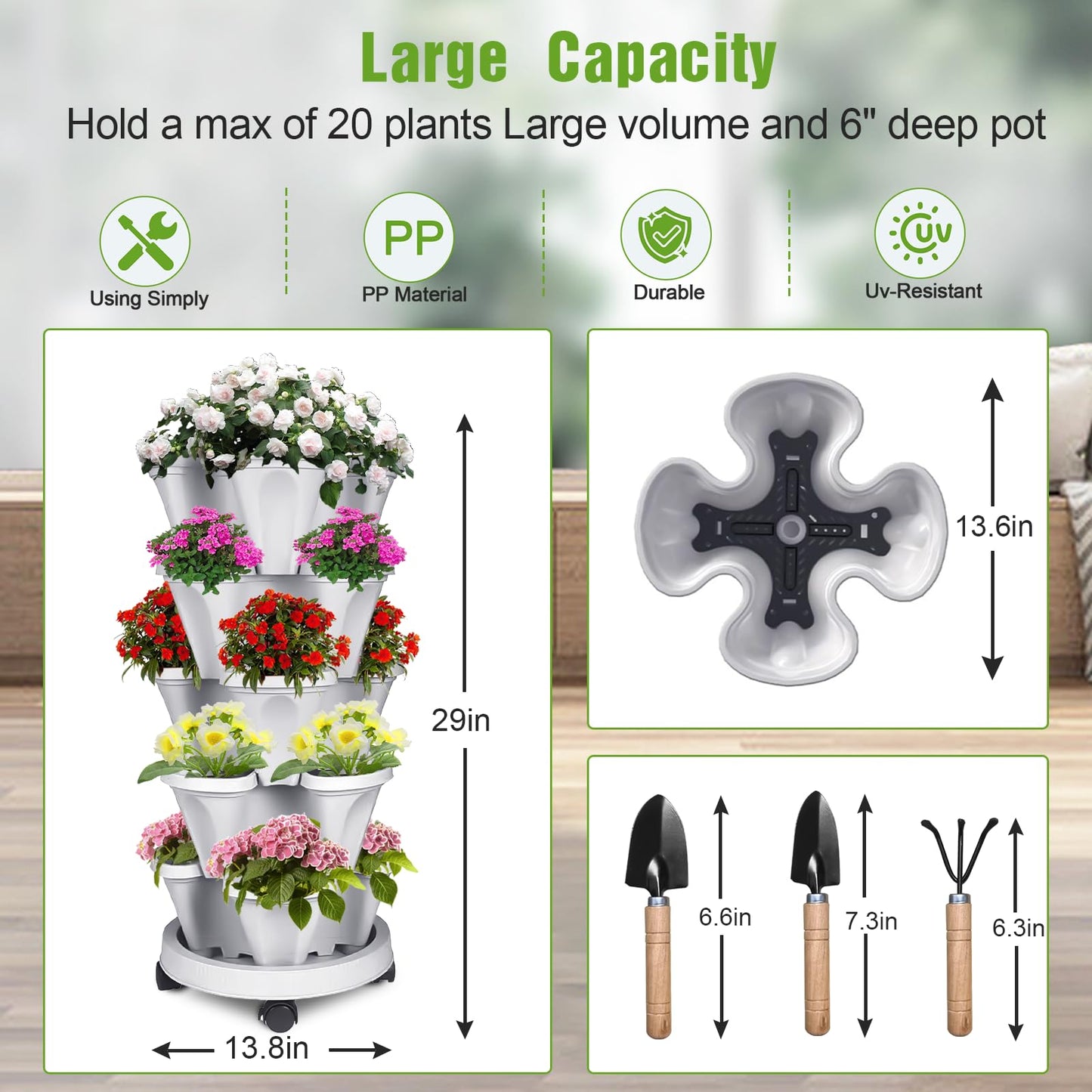 Bociks Vertical Strawberry Planter 5 Tier Stackable Tower Herb Planters-Stacking Garden Outdoor Planter Pot With Tools Mover For Succulents, Vegetables and Flowers