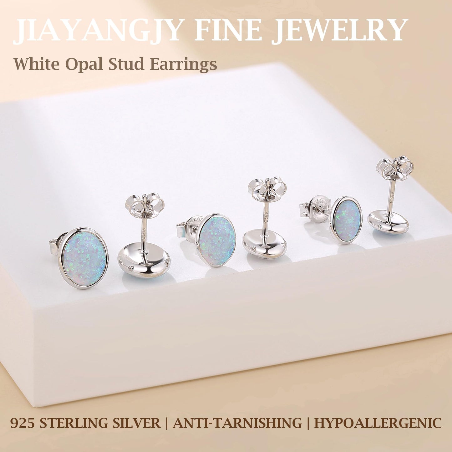 JiayangJY White Fire Opal Stud Earrings for Women 18K White Gold Plated Sterling Silver Oval Shape 6mm Opal Earrings with Push Back