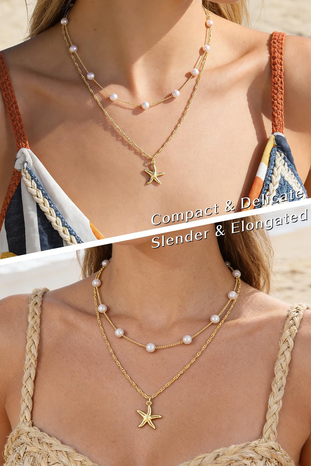 Beach Layered Starfish Necklace for Women, 14K Gold Plated Shell Conch Seashell & Pearl Charm Pendant, Dainty Coastal Summer Vacation Jewelry