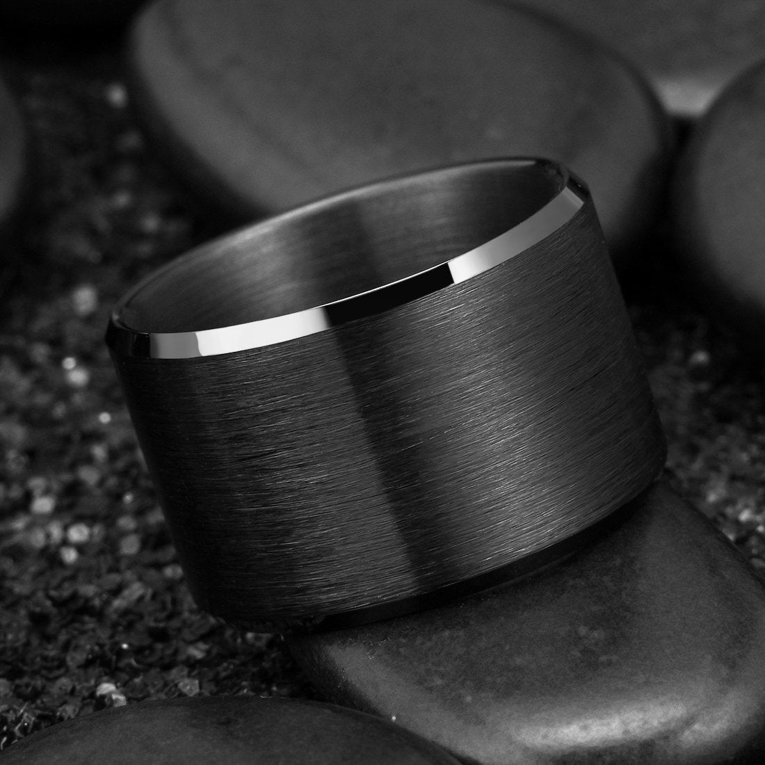 King Will Black-15mm Basic Wedding Ring For Men with Brushed Matte Surface Beveled Polished Edge Comfort Fit 7