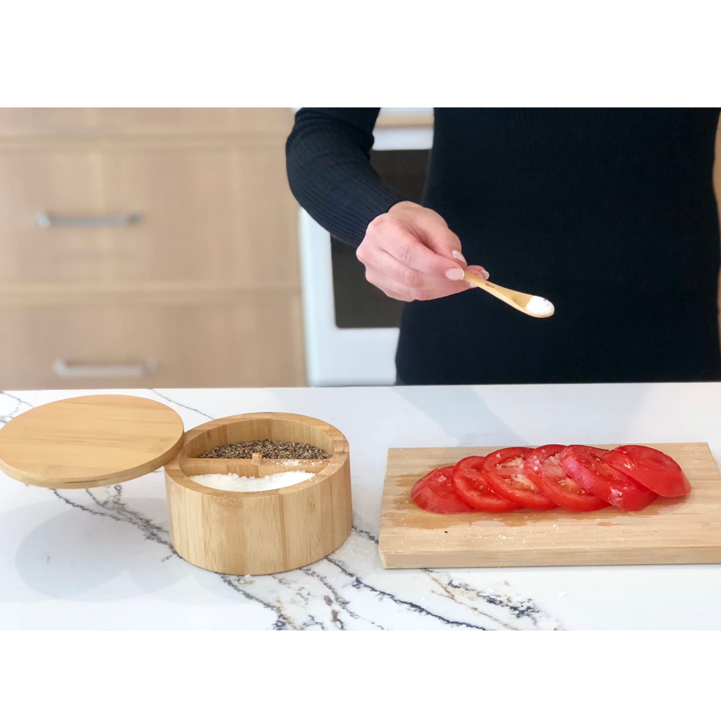 Bamboo Salt and Pepper Box - 2 Compartment - Built-in Serving Spoon - Swivel Lid with Magnet to Keep Dry, Dust-free - Salt Cellar Seasoning Container Holder Bowl- Divider with 7 Ounce Capacity
