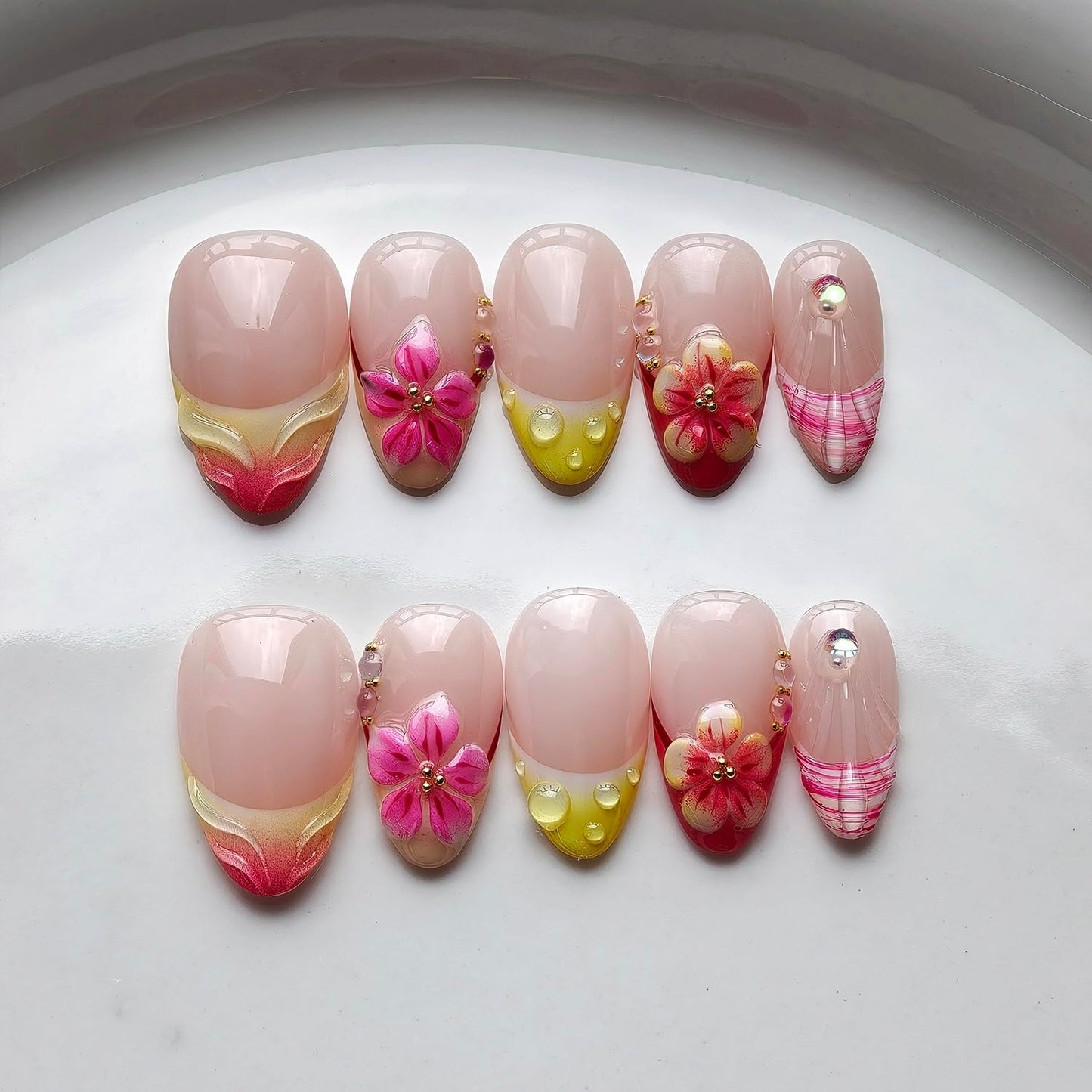 French Tip Press on Nails Handmade Short Almond 3D Thick Acrylic Nails False Nails with Gold Ball Flower Gradient Designs Nude Pink Glossy Fake Nail Sturdy Art Press on Nail 10Pcs(S)