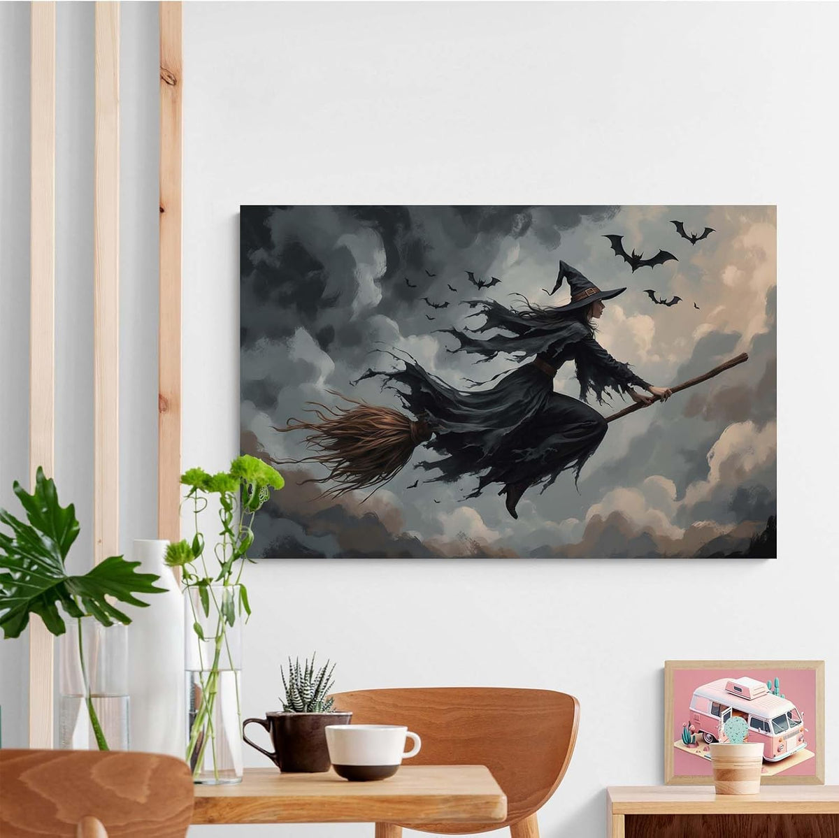 Witch and bat flying Halloween poster suitable for home party wall decoration retro Halloween preppy style wall art canvas print suitable for room decoration12x16in Wood Framed