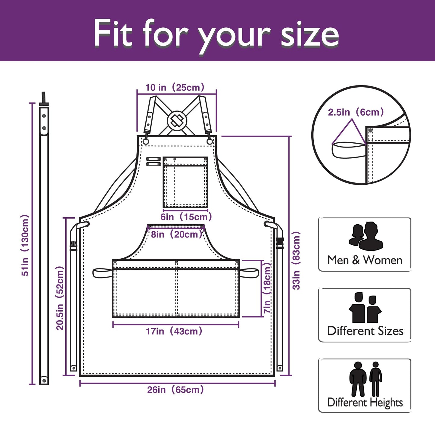 Stenffy Kitchen Apron, Work Apron, Canvas, Multiple Pockets, Gardening, Painting, BBQ, Artist, Carpenter, Sizes M to XXL, Purple