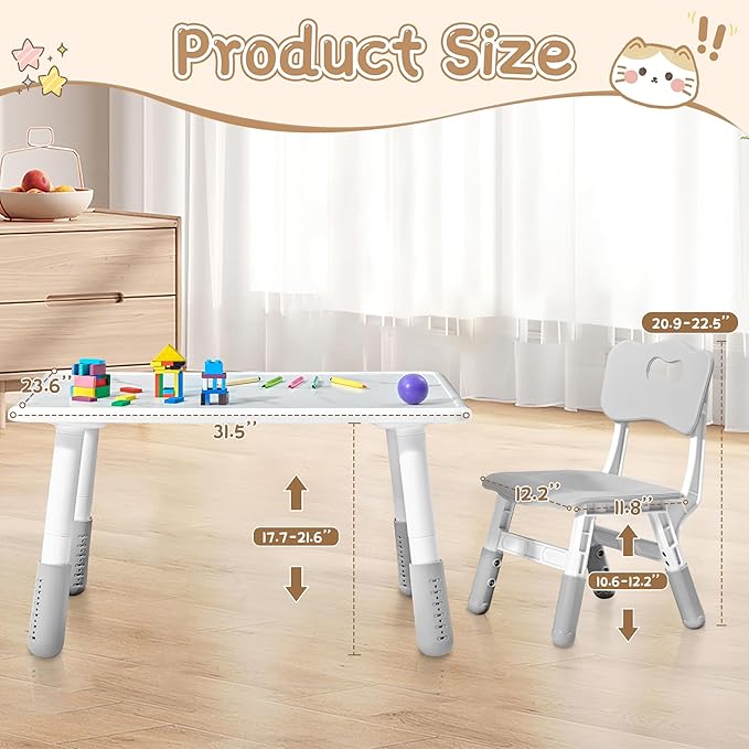 Adjustable Kids Table Chairs Set – Graffiti Desktop, Multi-Activity Height-Adjustable Toddler Study Desk for Ages 3-8 – Ideal for Home, Classroom, Daycare (B-Gray, 2 Chairs-31.5" L x 23.6" W)