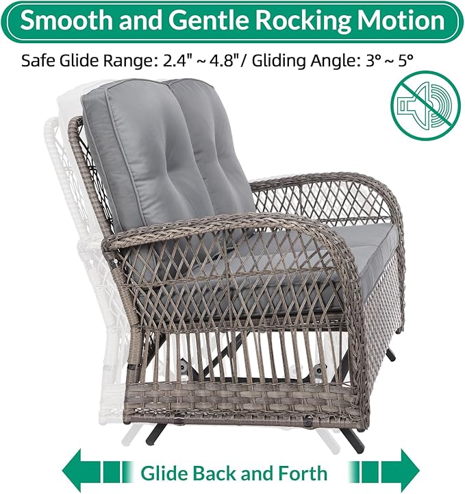 VIVIJASON 5-Piece Outdoor Patio Wicker Conversation Sets, All Weather Outdoor Rattan Furniture Set Includes Glider Loveseat, 2 Coffee Table, 2 Swivel-Gliders Chairs with Cushions, Grey