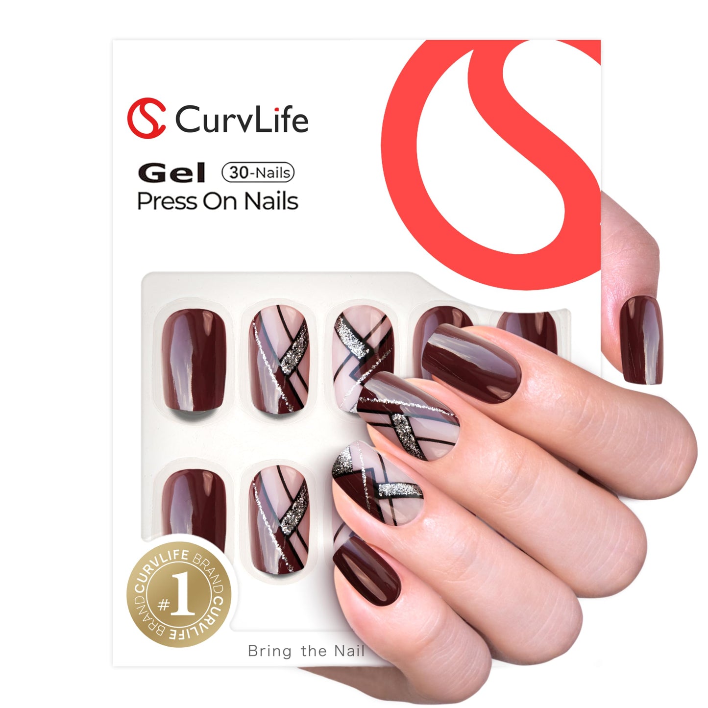 CurvLife Press on Nails Short Square Pink Brown False Acrylic Fake Nails with Apricot Design Full Cover Glossy Nude Artificial Stick on Nails for Women
