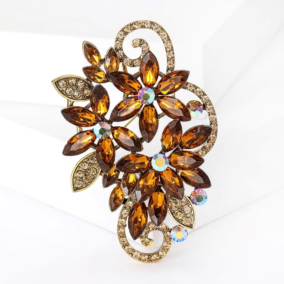 YOQUCOL Vintage Brown Austrian Crystal Rhinestone Flower Shape Brooch Pin For Women