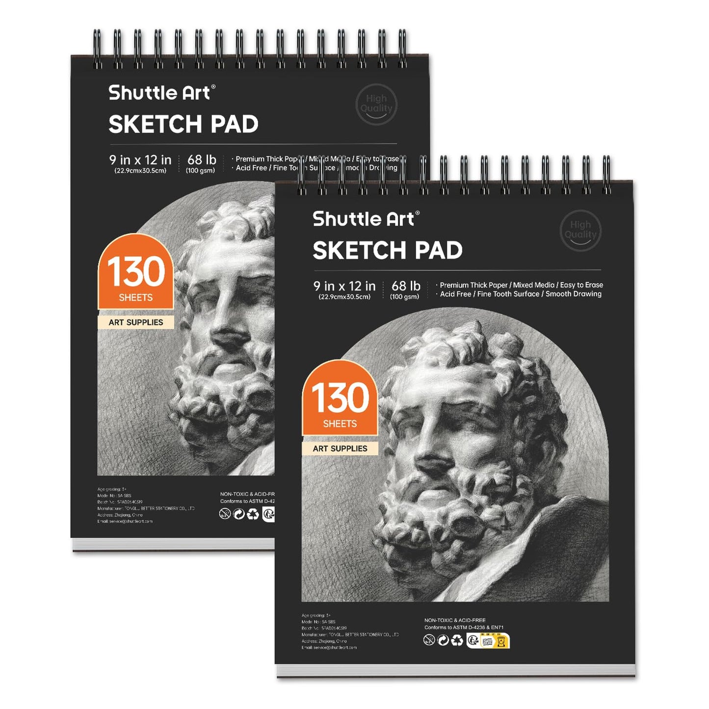 Shuttle Art 9”x12” Sketch Pad, 260 Sheets (68lb/100gsm) Drawing Pad, Pack of 2, 130 Sheets Each, Spiral Bound Sketch Book, Durable Acid-Free Drawing Paper, Great Sketch Pad for Kids, Teens & Adults
