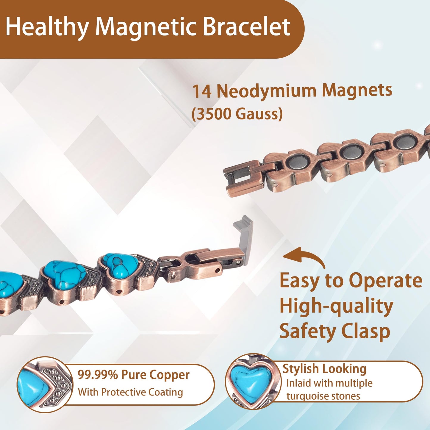EnerCoppeX Copper Magnetic Bracelet for Women, Turquoise Detox Jewelry with 3500 Gauss Magnet (Type E)