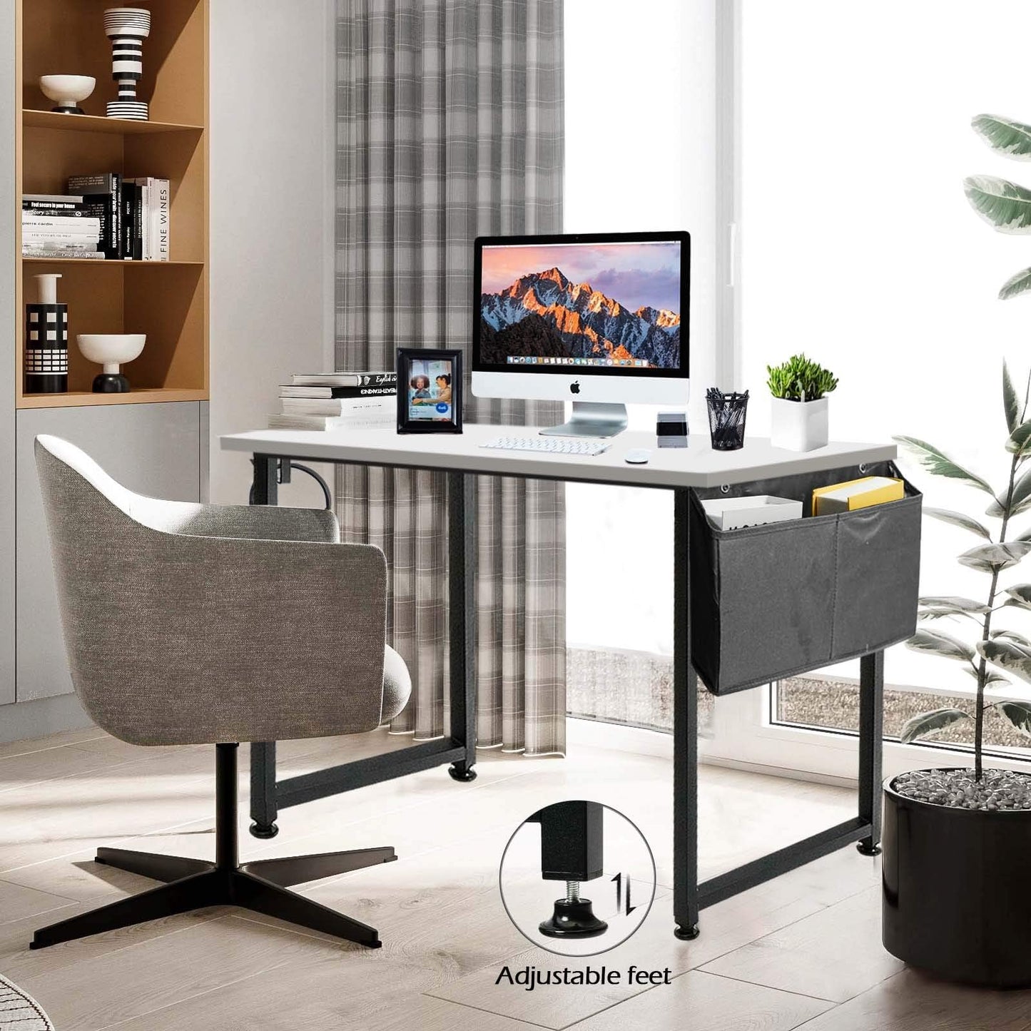 Lufeiya Computer Desk White Writing Table for Small Spaces Home Office 39 Inch Modern Study PC Desk with Storage Bag Hook, White Black