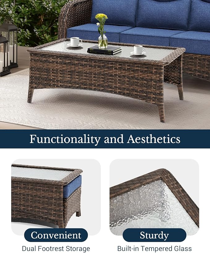 HILLGA Luxury Patio Furniture Set with 6-Inch Thick Cushions, High Back Outdoor Swivel Rocker Chairs and Patio Couch, 11-Piece All Weather Conversation Set for Porch Deck Pool Yard, Blue (V3)