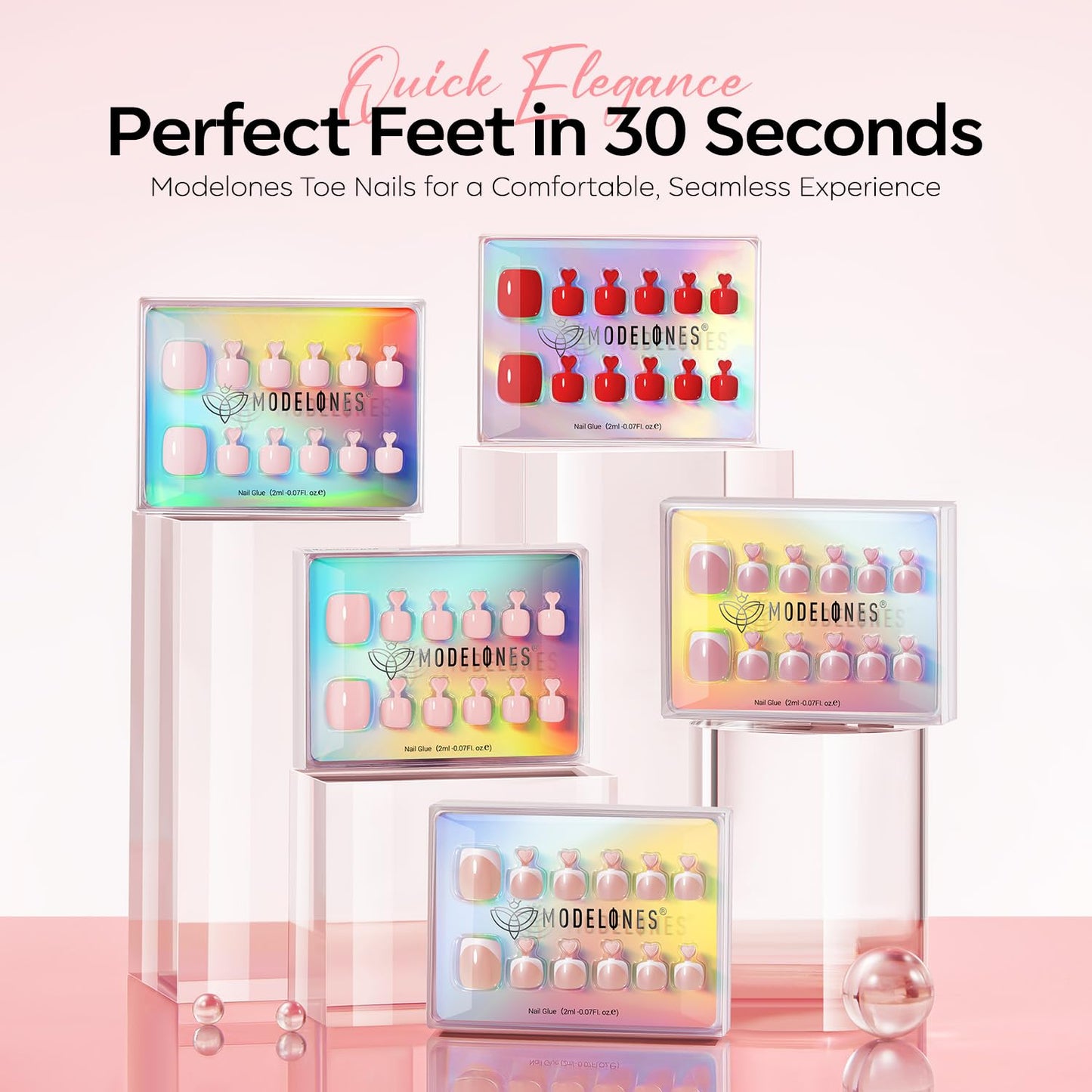 Modelones Press on Toenails Short, Soft Pink Toe Press on Nails Square, Reusable Nail Kit with Nail Glue Adhesive Tabs Mini Nail File, Toe Nails 36Pcs 18Sizes, Spring Summer Women Girl Gift