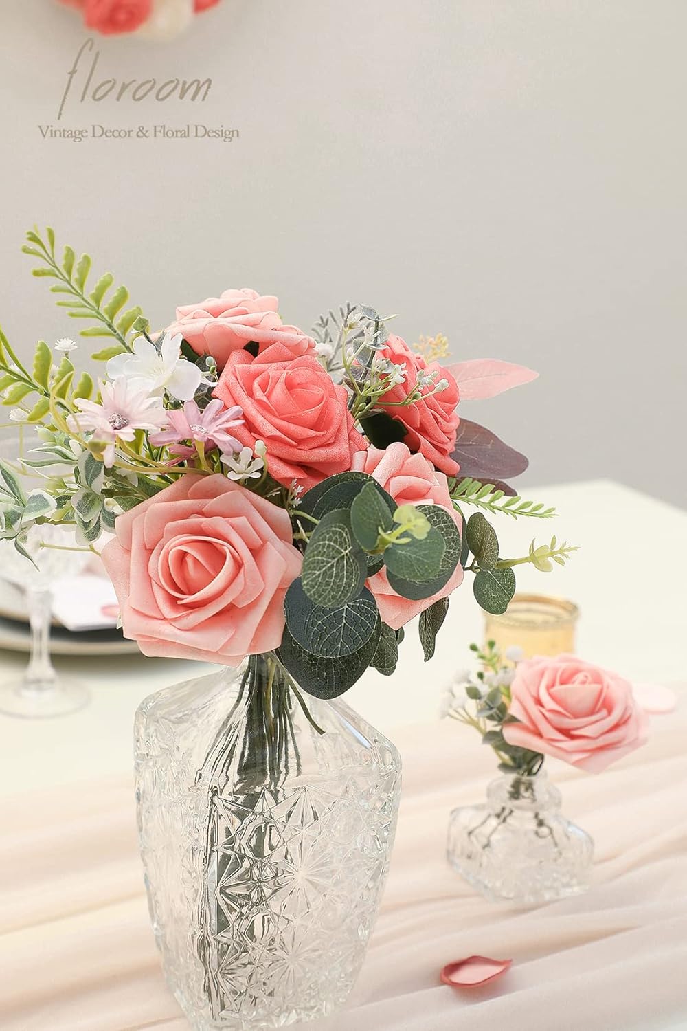 Floroom Artificial Flowers 25pcs Real Looking Mixed Living Coral Foam Fake Roses with Stems for DIY Wedding Bouquets Bridal Shower Centerpieces Floral Arrangements Party Tables Home Decorations