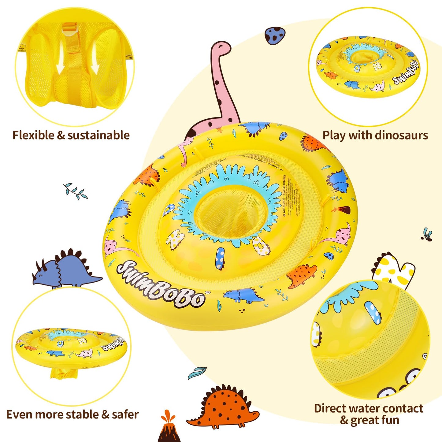Swimbobo Inflatable Baby Swimming Float with Safety Seat Fun Swimming Pool Toys for Age 6-36 Months Toddler (Colorful Dinosaur)