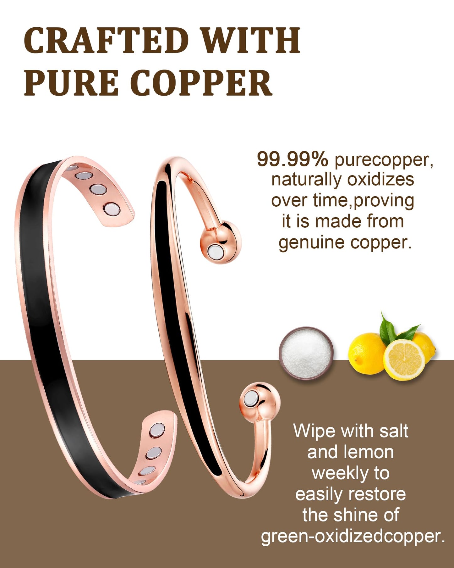 Fashtour Copper Bracelets for Women Men, 99.99% Pure Magnetic Therapy Cuff for Couples, Adjustable 2Pcs Set with 8 Magnets Therapy Cuff Jewelry Gift (COPPER&BLACK)
