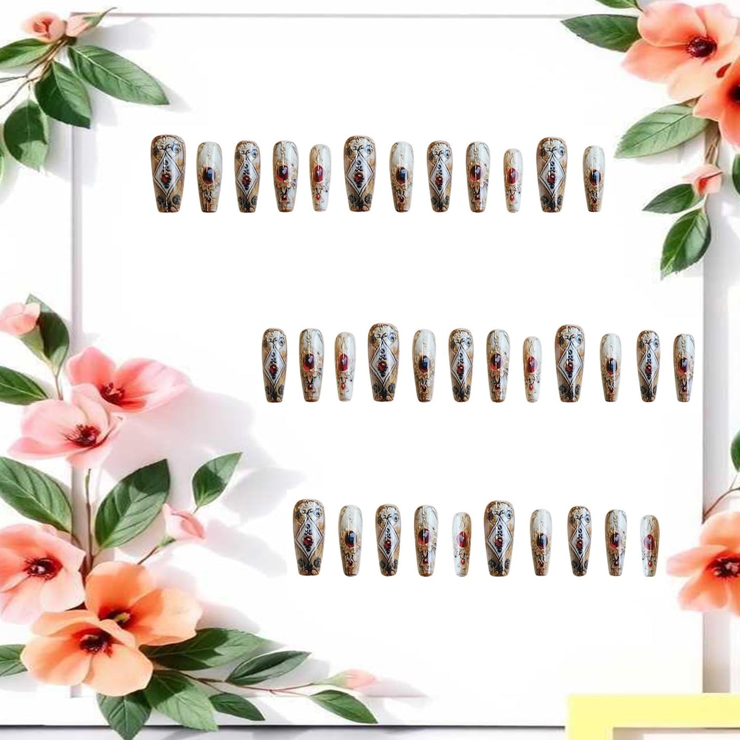CJDLTS Press on Nails Medium Ballet Shaped Red Rhinestones Golden Totem Pattern Design Acrylic False Nail Full Cover Glossy Artificial Fingernails 24Pcs Reusable Glue on Nails for Women