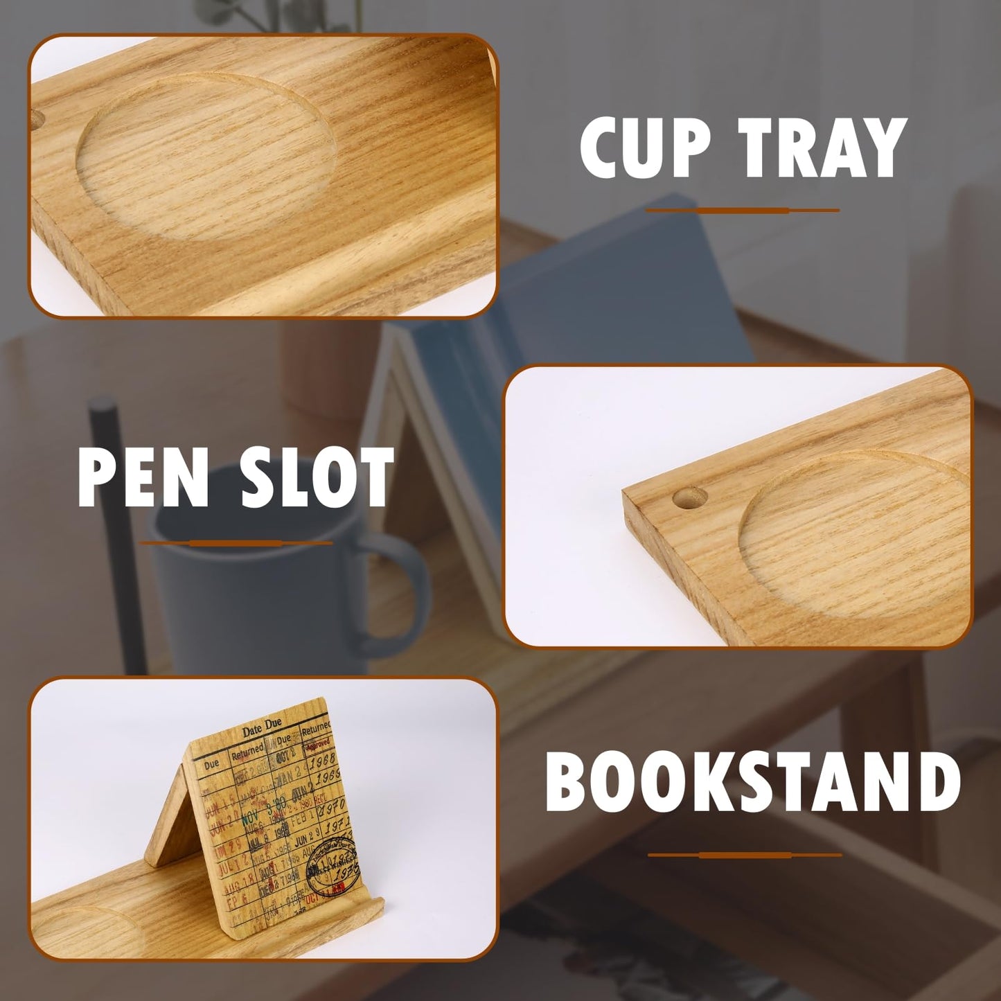 Wooden Triangle Book Stand with Drink Holder, Library Card Design Book Holder Page Rest, Night Stand Book Holder with Pen Slot, Gift for Book Lovers, Readers, Librarians, Writers