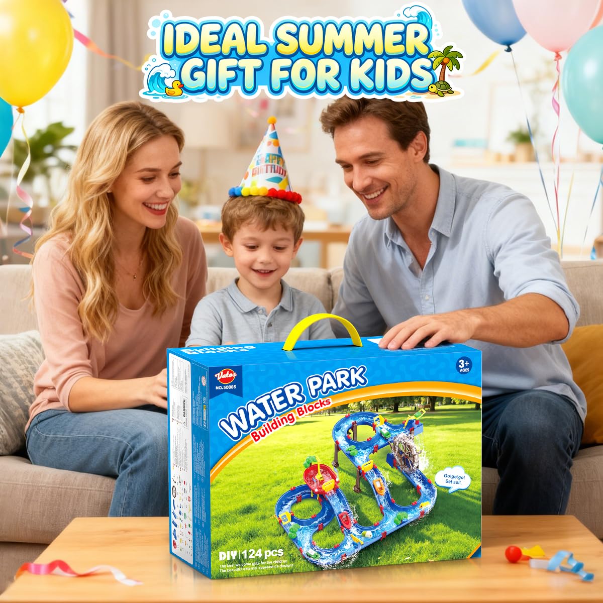 VATOS 2-Tier Watermill Summer Water Table, 124 PCS DIY Water Table with Water Pump Toys for Toddlers 3-5 4-7 Years Old, Fun Water Playset Outdoor Water Summer Toys for Backyard, Beach, Balcony, Garden