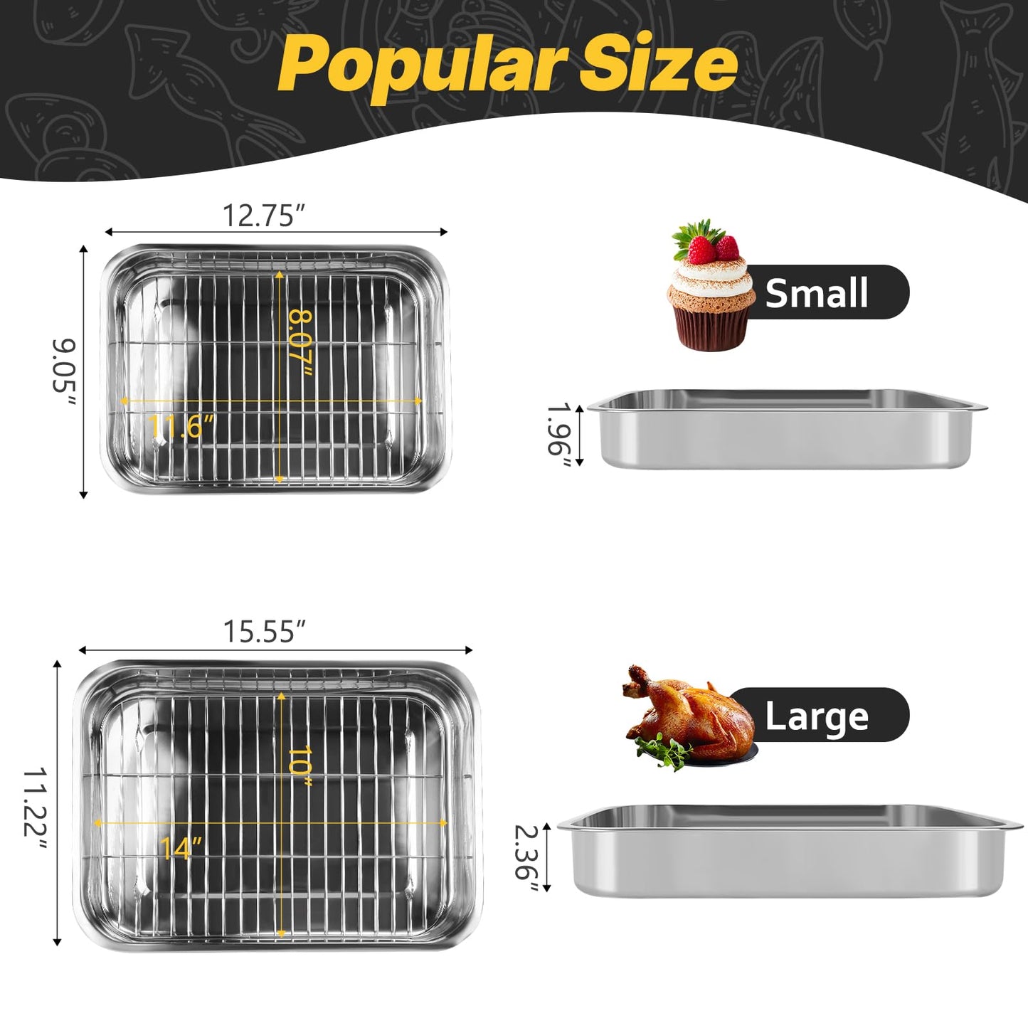 2 Pcs 12.7"15.5" Stainless Steel Roasting Pans with Handles, Baking Pan for Oven with 2 Pcs Flat Racks, Heavy Duty, Dishwasher Safe Rectangular Lasagna Pan with Handles for Turkey Chicken, Silver