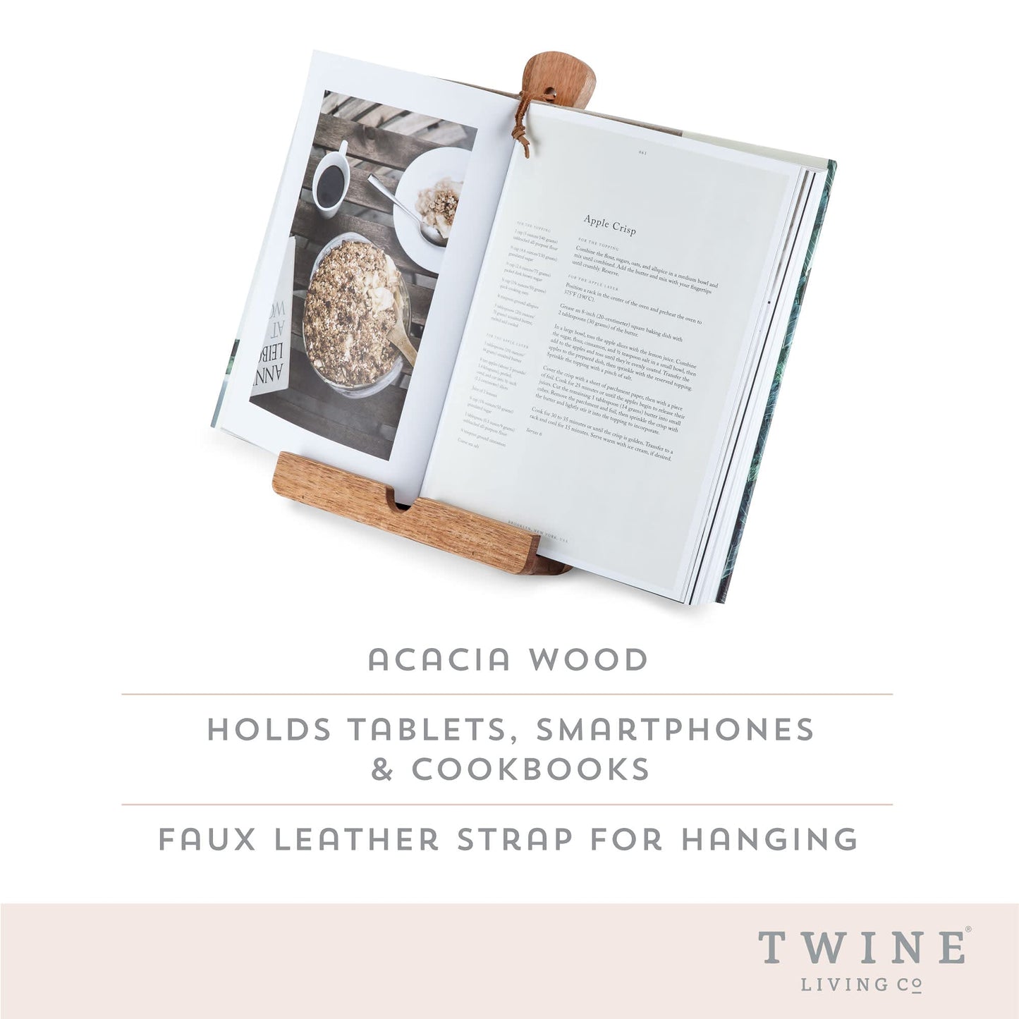 Twine Cookbook Stand, Acacia Wood Tablet Stand, Recipe Book Holder, Rustic Kitchen Decor Countertop Display, Acacia Wood, Set of 1