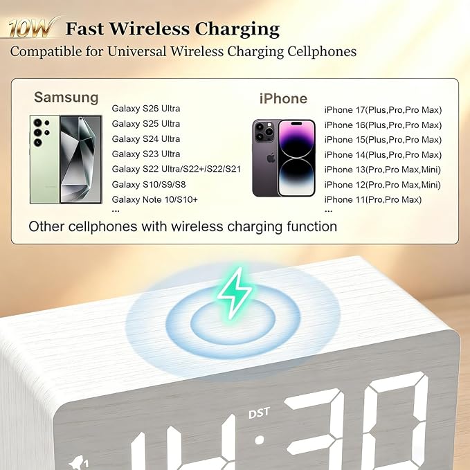 URAYCO Wooden Digital Alarm Clock, 10W Fast Wireless Charger Station & 2 USB Charging Ports, with 0~99% Dimmer, Dual Alarm, Weekday/Weekend Mode, Wood LED Clock for Bedroom, Desk, Office