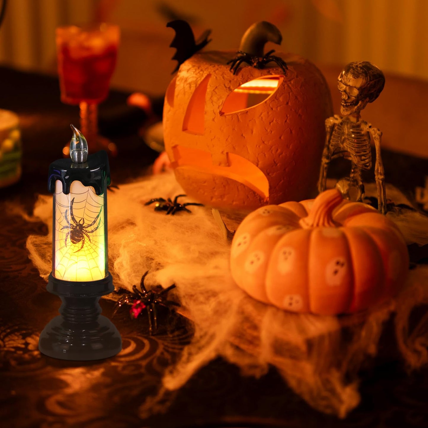 GenSwin Halloween Black Flameless Candles Light, 3 Pack LED Battery Operated Candles with Remote Timer, Table Centerpiece for Halloween Decorations(Skulls, Spiders, Crows)