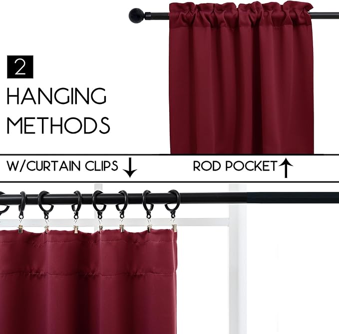 Pickluc Rod Pocket Tier Curtain - Half Blackout Curtain for Kitchen, Bathroom, Cabinet, Basement, 42 Inches Wide and 24 Inches Long, Burgundy Red, 2 Panels