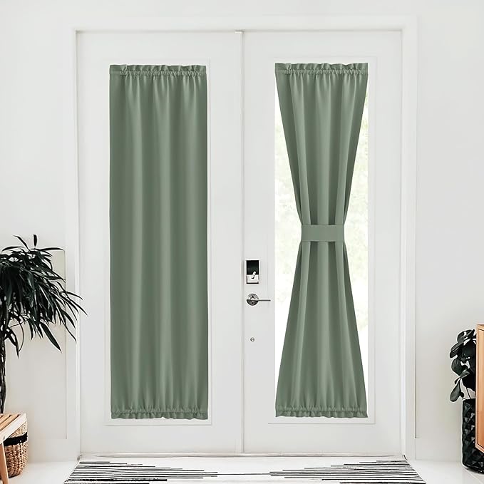 NICETOWN French Door Blackout Curtain for Kitchen Thermal Insulated Drapes Christmas Temporary Window Treatment Covering for Glass Door Rod Pocket with Tieback, 25" x 80", Greyish Green, 1 Panel