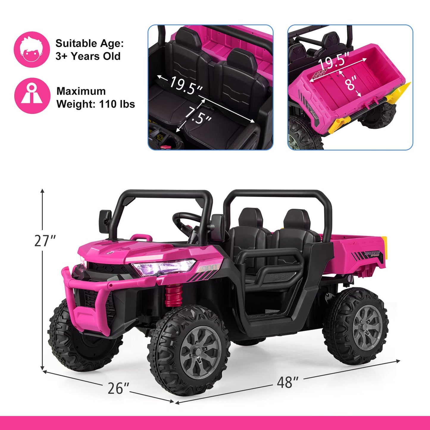 OLAKIDS 2 Seater Ride On Car, 12V Off-Road UTV Electric Vehicle with Remote Control, Dump Bed, Extra Shovel, Music, USB, AUX, Rocking Function, Kids Toddlers Battery Powered Truck (Rose)