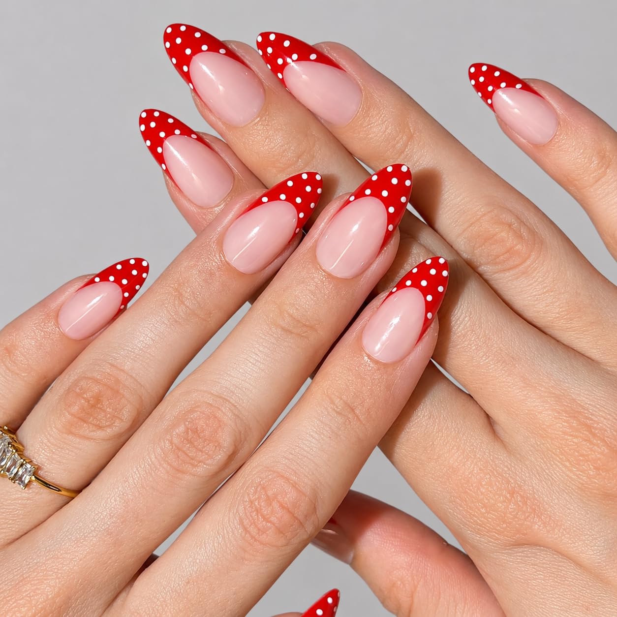 PaintLab Press On Nails - Red Polka Dot Almond Fake Nails, 30 Nails in 15 Sizes with Glue, Reusable Salon Quality Polka Dot Press On Nails