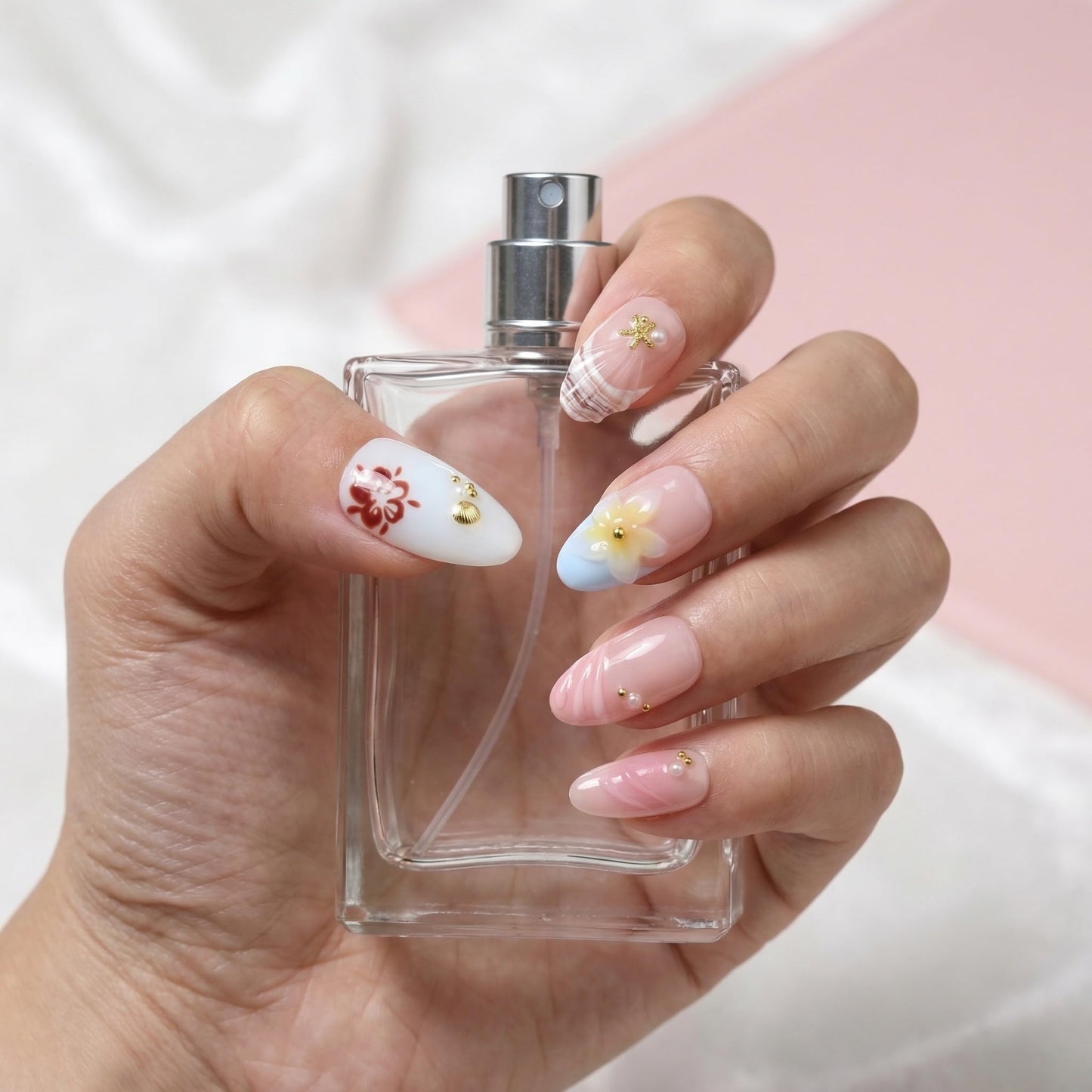 10Pcs Short Almond Handmade Press On Nails | Easy Apply & Remove, Reusable Salon Quality Nails | Fresh Nude Pink Fake Nails with 3D Floral, Starfish & Seashell Accents (RR08, S)