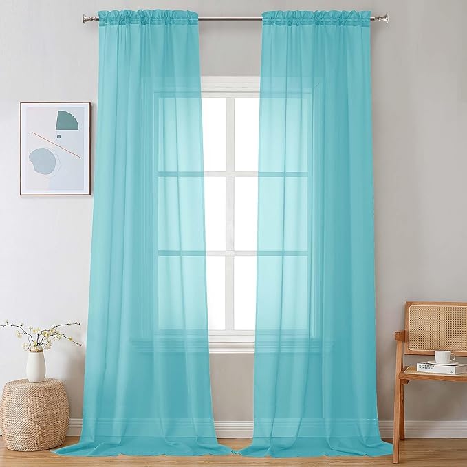 Chyhomenyc Sheer Curtains 108 Inch Length 2 Panels Set, Extra Long Light Filtering Solid Voile Window Drapes for Living Room Bedroom, 42Wx108L, 9FT Length, Set of 2, Aqua
