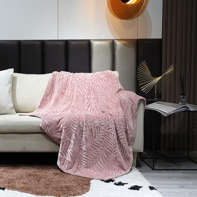 SOCHOW Super Soft Flannel Fleece Throw Blanket, Lightweight Cozy Warm Leaves Textured Plush Blanket for Bed Couch Sofa, 60 x 80 Inches, Dusty Rose
