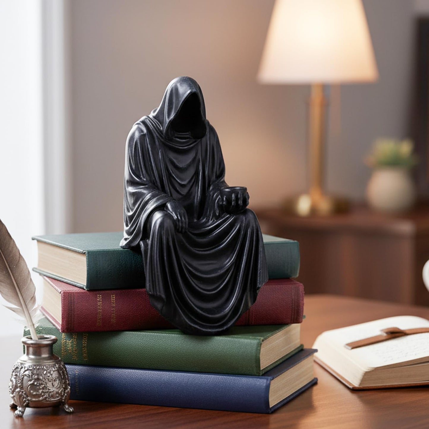 XIAOMAGG Mini Grim Reaper Figurine-Gothic Spooky Sculpture for Garden or Bookshelf,4.7 Inch Hand-Painted Resin Black Robe Mystery Halloween Decor Statue,Tabletop Gothic Decor Sitting Statues