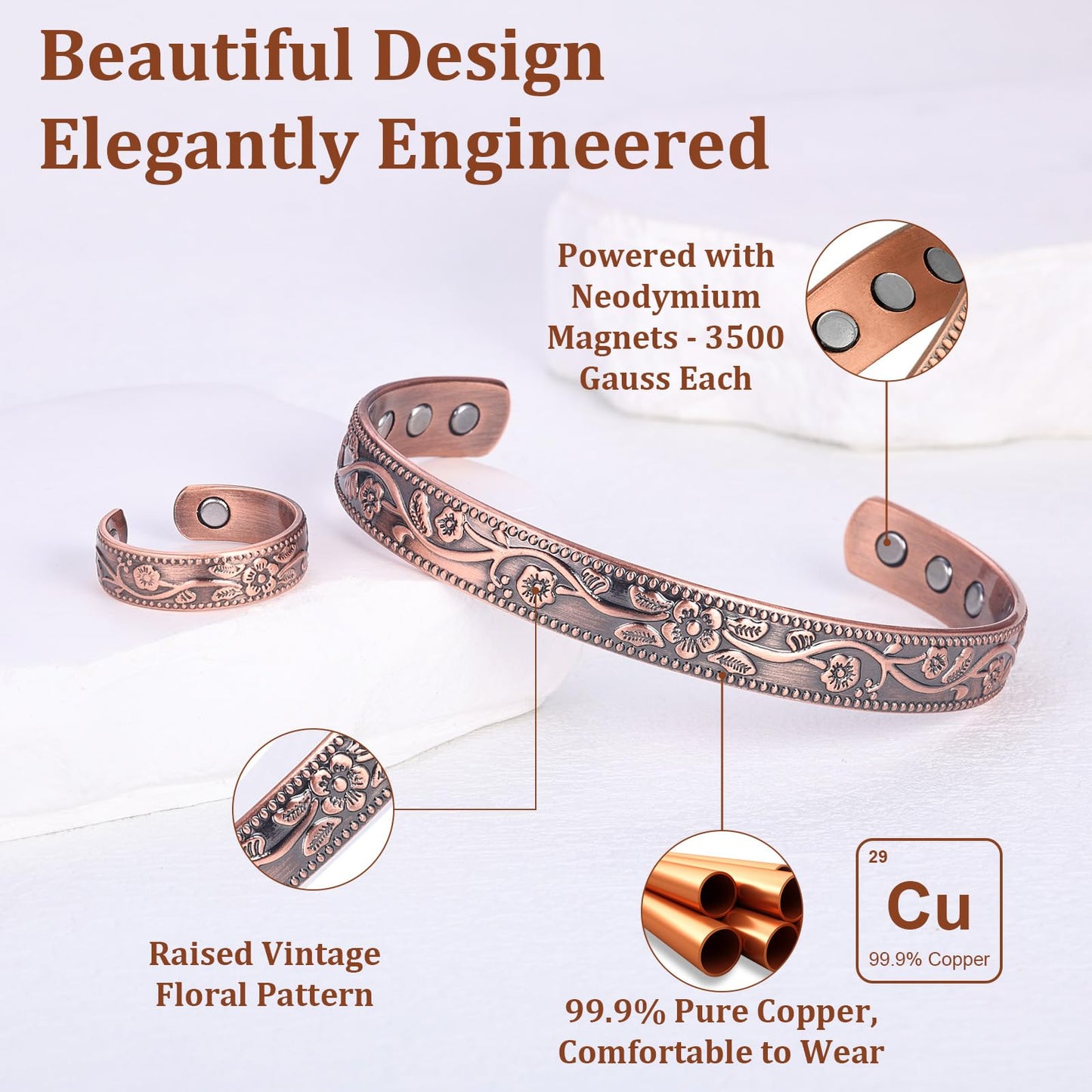 BioMag Copper Bracelet & Ring for Women, 99.99% Pure Copper Magnetic Bracelet Lymphatic Drainage Rings with 3500 Gauss Magnets, Adjustable & Flower Pattern
