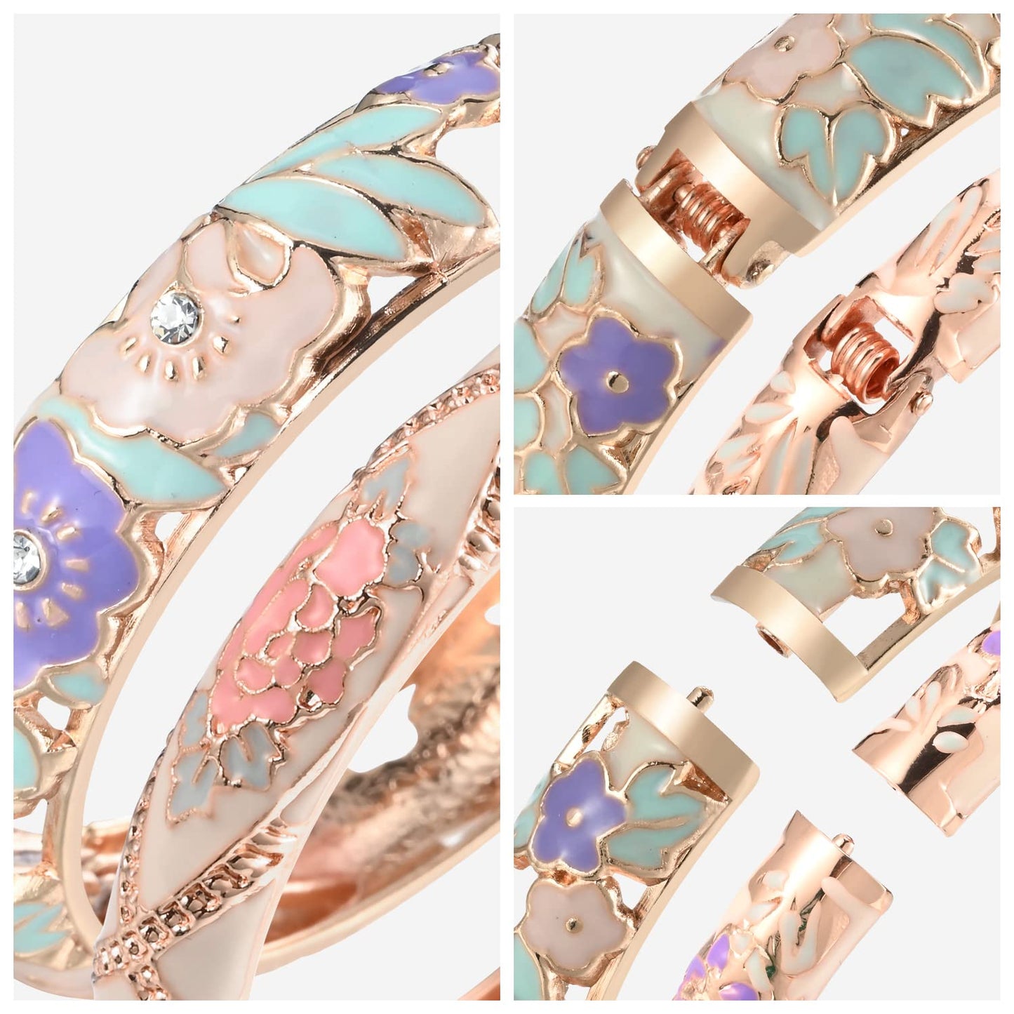 UJOY Vintage Jewelry Cloisonne Handcrafted Enameled Gorgeous Rhinestone Flower Hinged Cuff Bracelet Bangles Gifts 88A08-55A128 Cream White