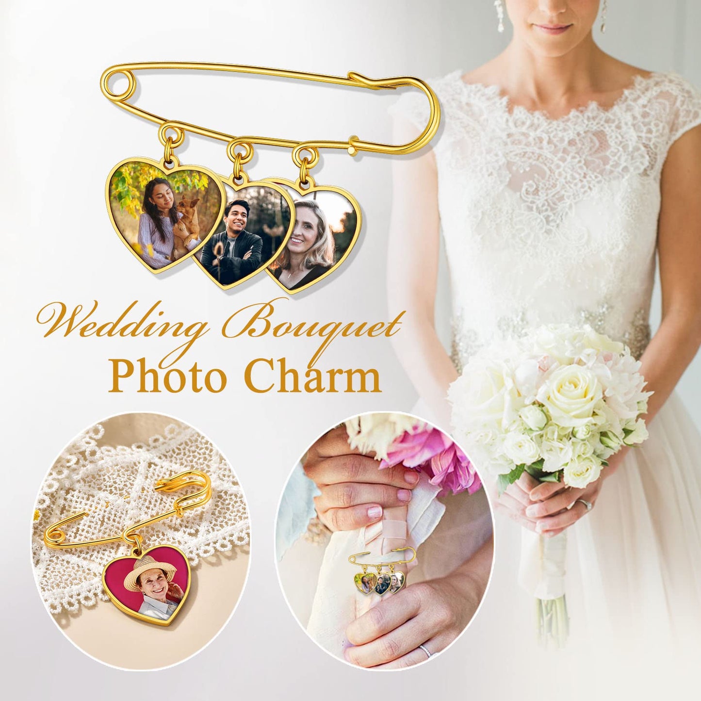 Custom4U Wedding Charms for Bouquet Custom 3 Picutres Customized Photo Pins Heart Shaped Memory Charm Funeral Boutonniere