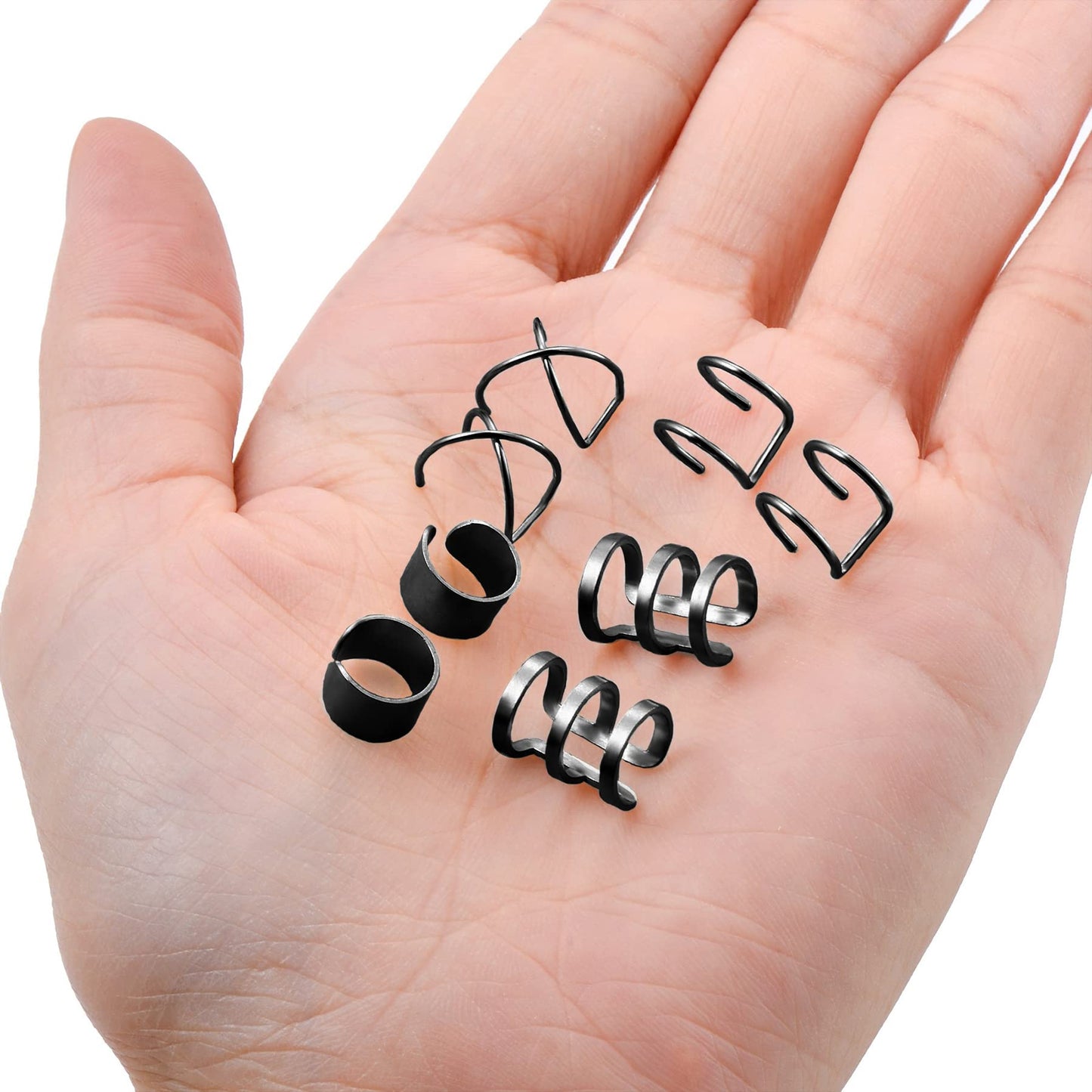 Tornito 4-10 Pairs Stainless Steel Ear Cuff Helix Cartilage Clip On Wrap Earrings Fake Nose Ring Non-Piercing Adjustable (E1:4 Pairs, Black Tone)