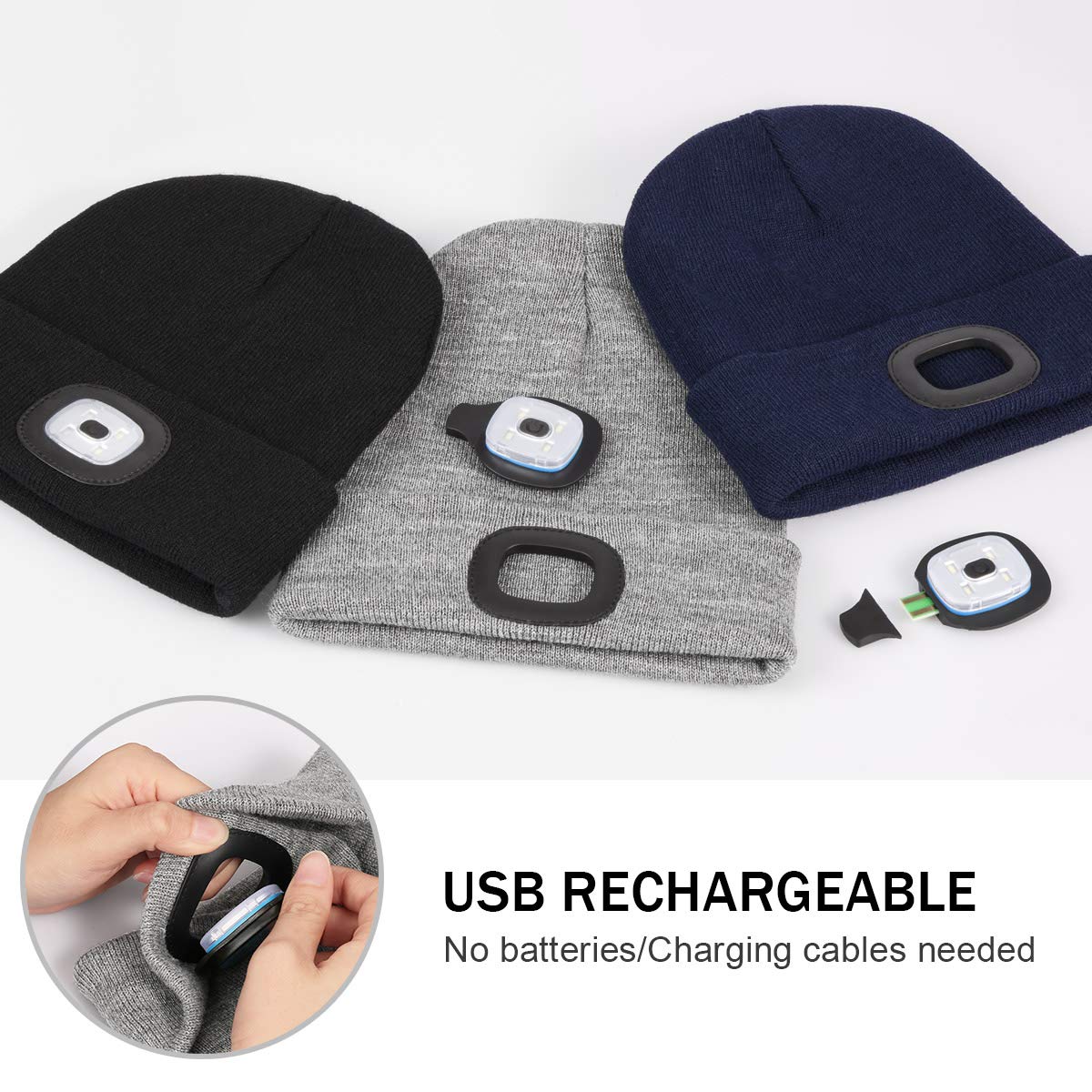 YunTuo Rechargeable LED Beanie with 4 Lights - Unisex Winter Knit Cap with USB Flashlight for Men and Women (Grey)
