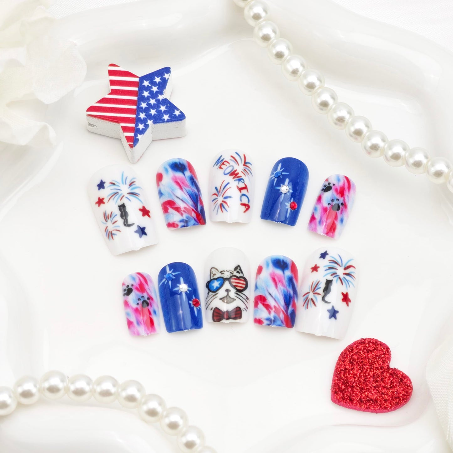 24Pcs 4th of July Press on Nails Short Square Fireworks Fake Nails American Flag with Red White Blue Marble Designs Patriotic Cat Glue on Nails Independence Day False Nails for Women Acrylic Manicure