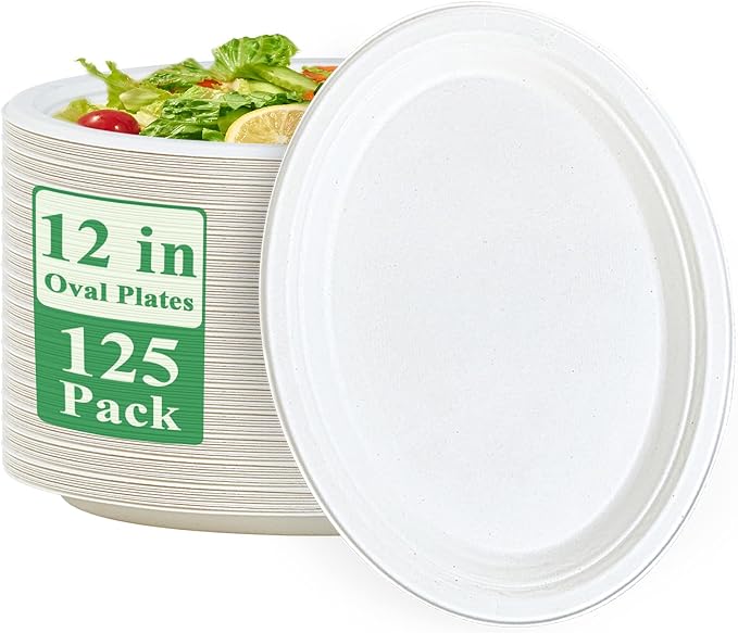 Vplus 100% Compostable Oval Paper Plates 12 inch 125 Pack Super Strong Disposable Paper Plates Bagasse Natural Biodegradable Eco-Friendly Sugarcane for BBQ, Party, Dinner, and Picnic