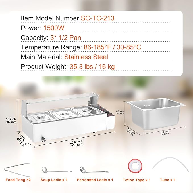VEVOR 3-Pan Commercial Food Warmer, 3 x 8QT Electric Steam Table with Glass Cover, 1500W Countertop Stainless Steel Buffet Bain Marie 86-185°F Temp Control for Catering, Restaurants, Silver