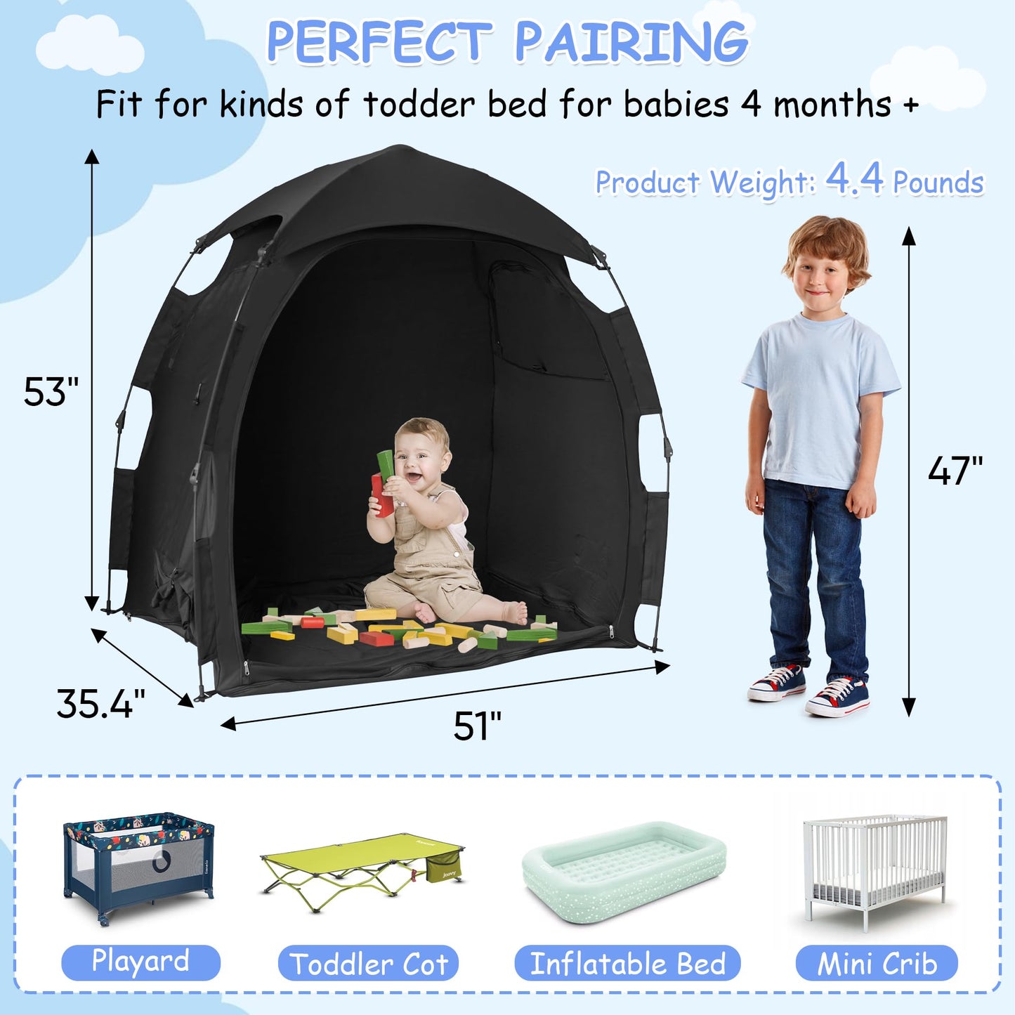 YABORAS Sleep Tent for Pack N Play, Baby Sleep Tent One-Click Assembly Effective Light Blocking Tent for Sleep Pod & Mini Crib, Light Blocking Tent for Babies and Toddlers